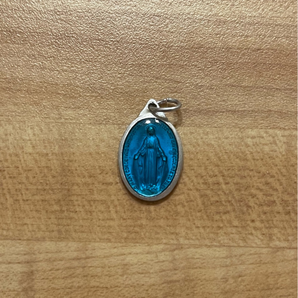 Vintage silver & blue enamel mother Mary pendant